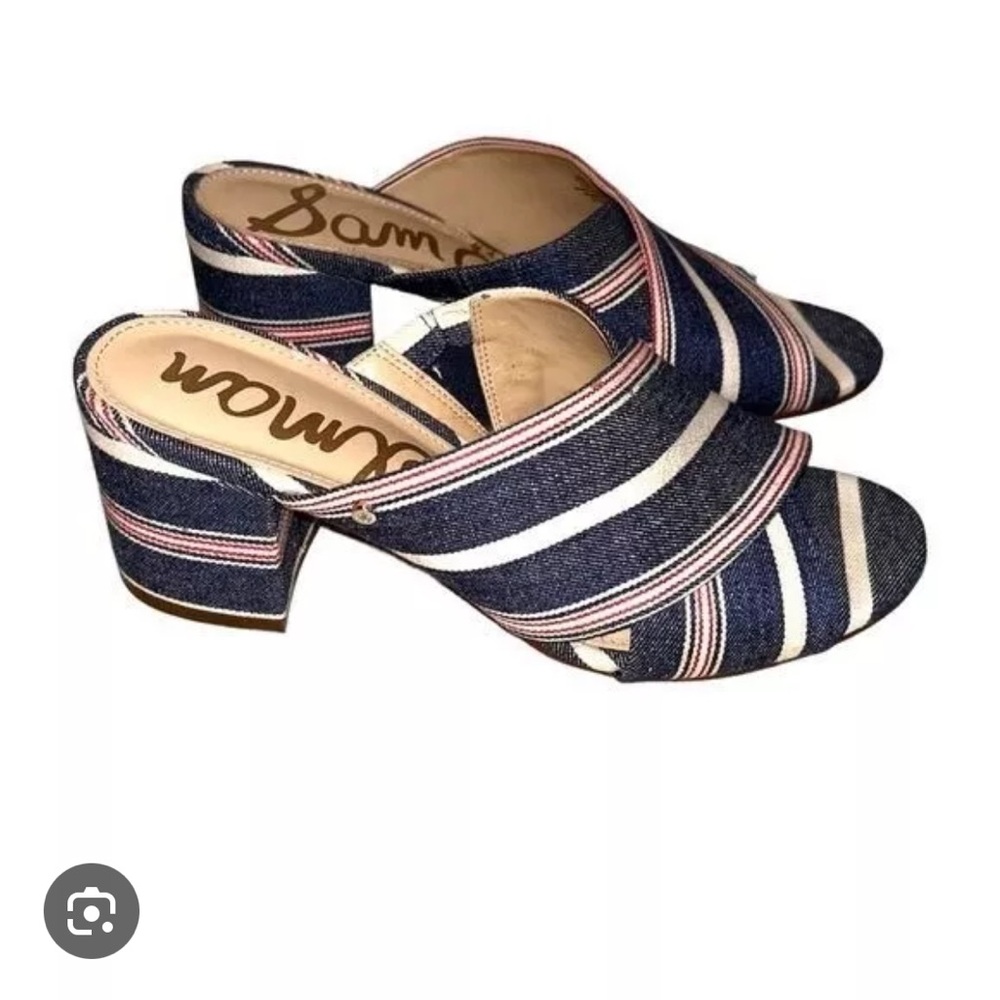 Sam Edelman block heel slide sandals in denim stripe